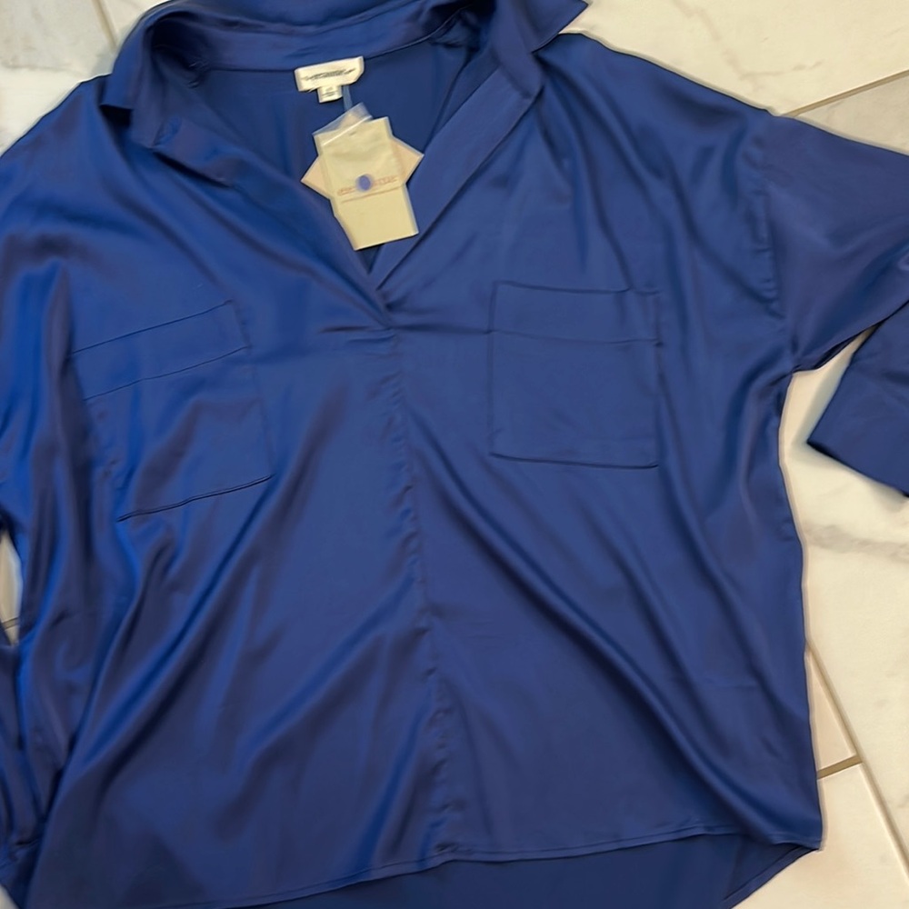 Satin Blue Button-Up Blouse